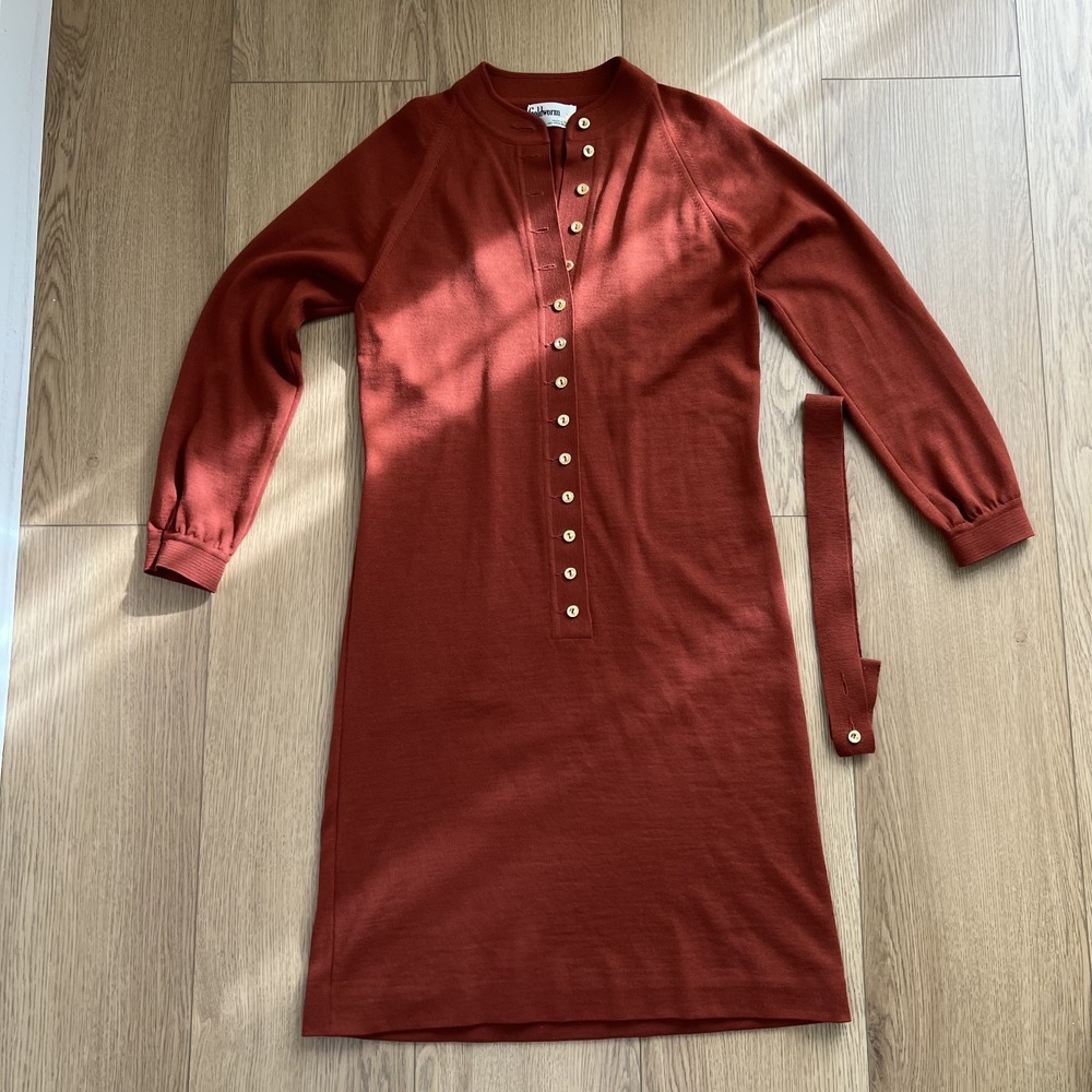 Goldworm 1970s Vintage Italian Merino Wool Burnt Orange Sweater Dress w/ Belt